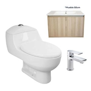 Combo Sanitario One Piece Capri Blanco Mueble Amelie 50 Acacia Y Griferia Squadra