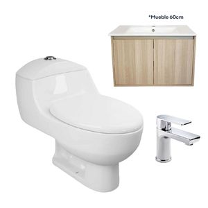Combo Sanitario One Piece Capri Blanco Mueble Amelie 60 Acacia Y Griferia Squadra