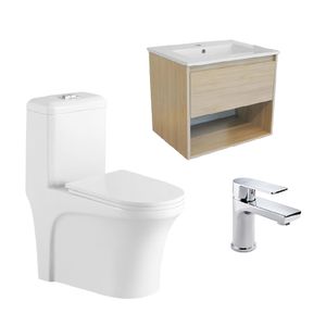 Combo Sanitario One Piece Yang Blanco Mueble Zoe 70 Acacia Y Griferia Squadra