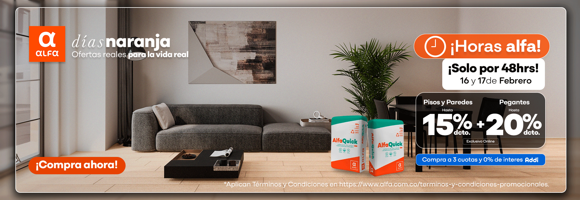 ¡48 Horas Alfa! Hasta 15%OFF en pisos y paredes y 20%OFF en Alfaquick ​